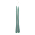The Floral Society 18-inch Dipped Taper Candles in Moss green, a pair of sage-green tapers hanging by their wick on white