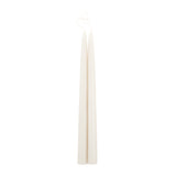 The Floral Society 18-inch Dipped Taper Candles in Parchment, a pair of ivory tapers hanging by their wick on white
