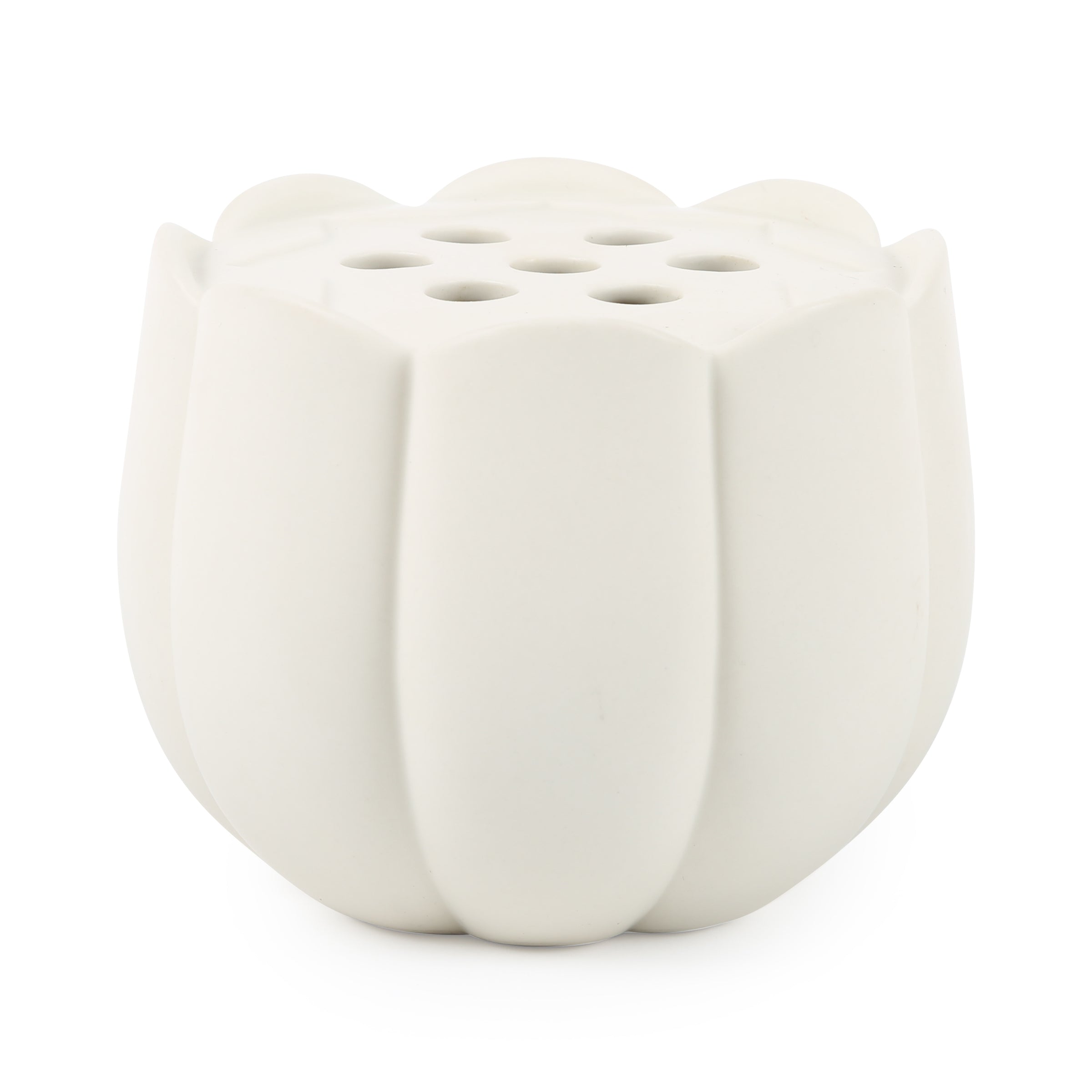 The Floral Society Ceramic Flower Frog Vase in Large, a white scalloped tulip-shaped vase with a hole-punched top