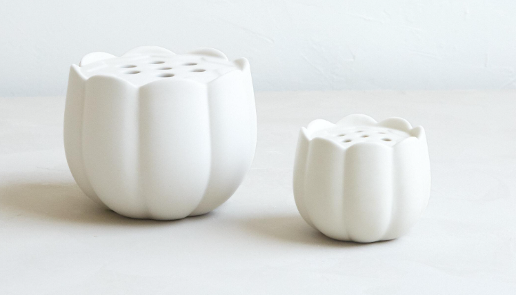 The Floral Society Ceramic Flower Frog Vases in Small and Large, white scalloped vases side by side