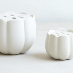 The Floral Society Ceramic Flower Frog Vases in Small and Large, white scalloped vases side by side