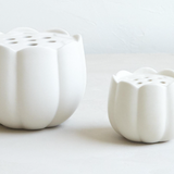 The Floral Society Ceramic Flower Frog Vases in Small and Large, white scalloped vases side by side