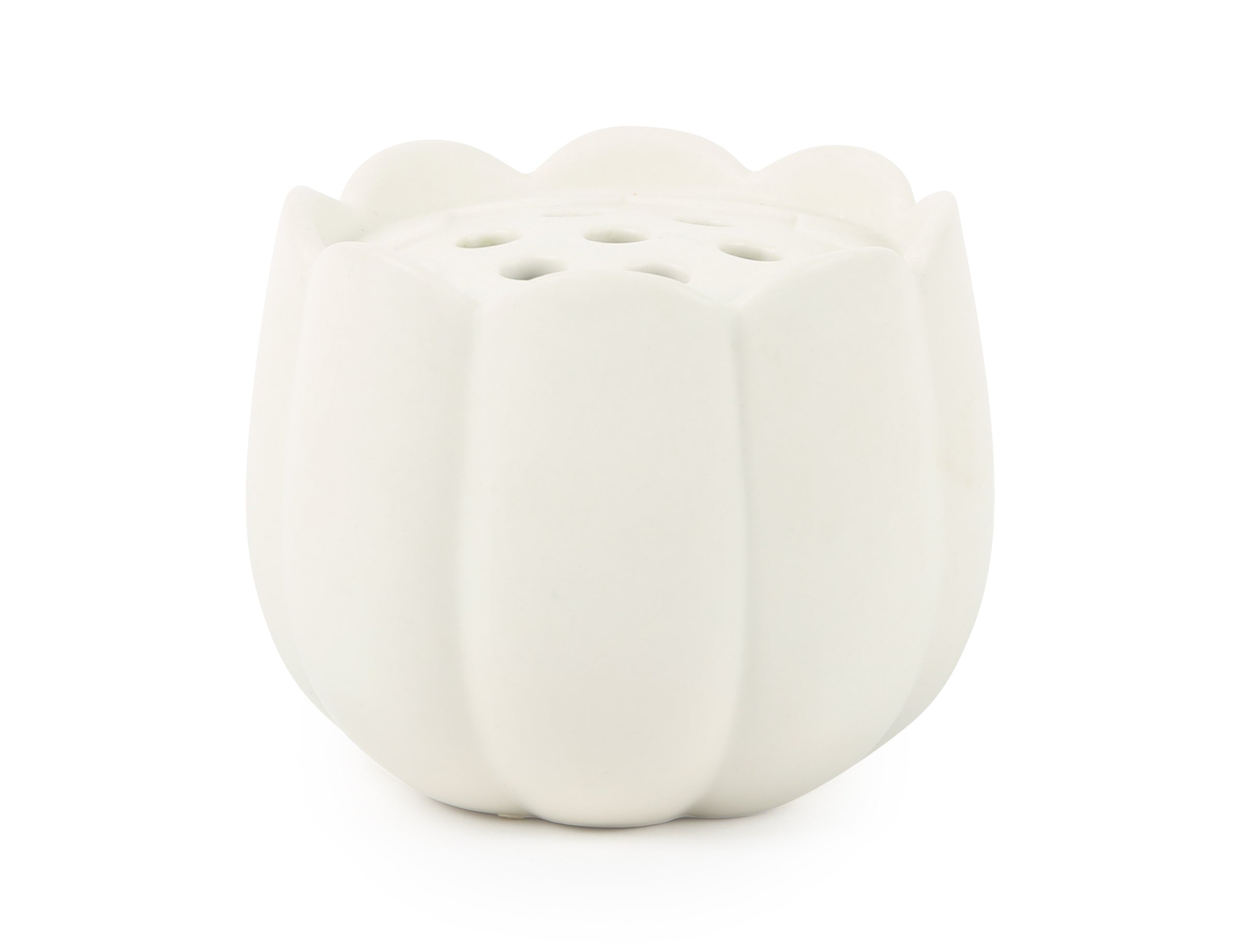 The Floral Society Ceramic Flower Frog Vase in Small, a white scalloped tulip-shaped vase with a hole-punched top