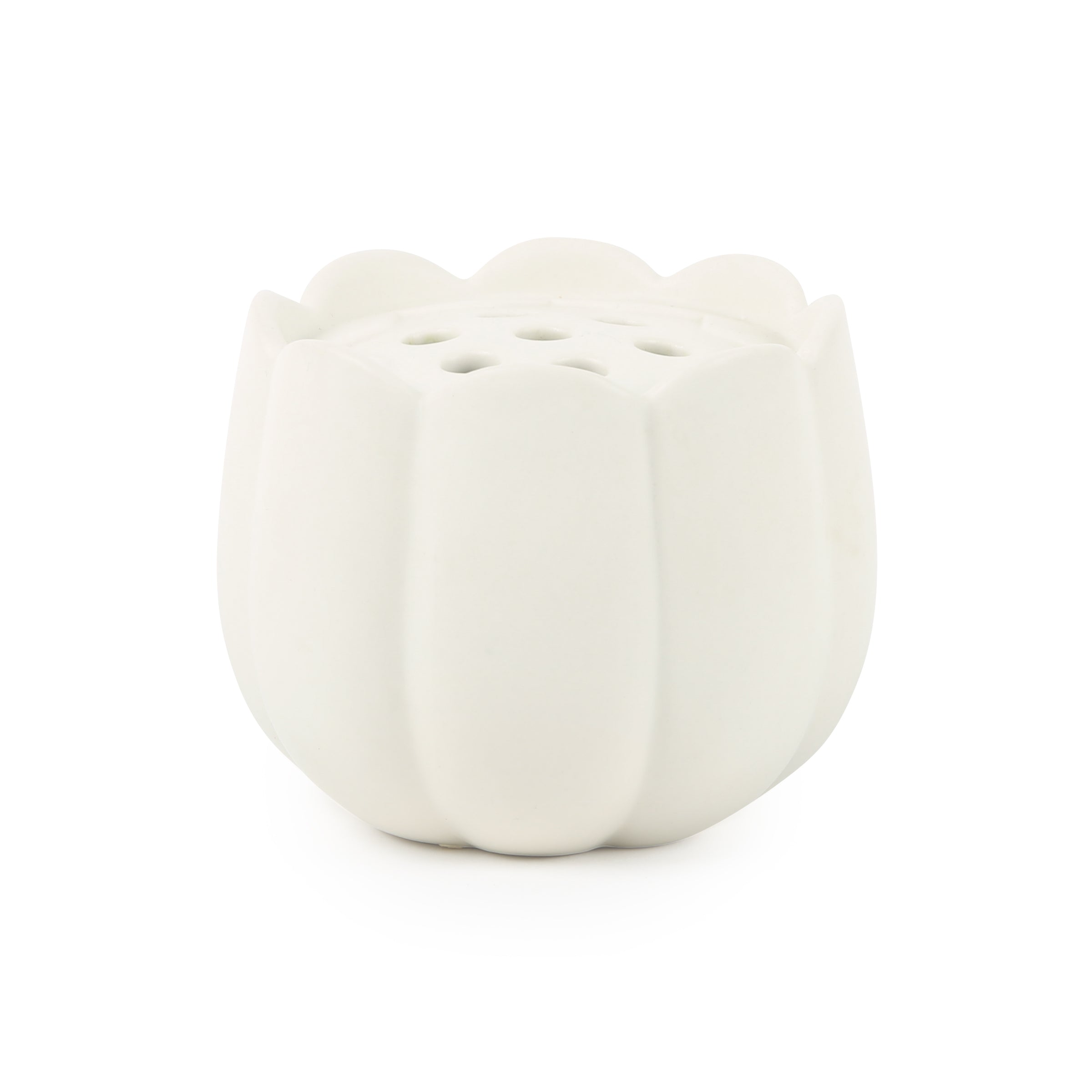 The Floral Society Ceramic Flower Frog Vase in Small, a white scalloped tulip-shaped vase with a hole-punched top