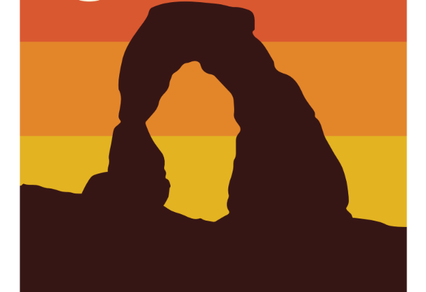 Utah magnet with Delicate Arch in silhouette against banded coral and gold sunset