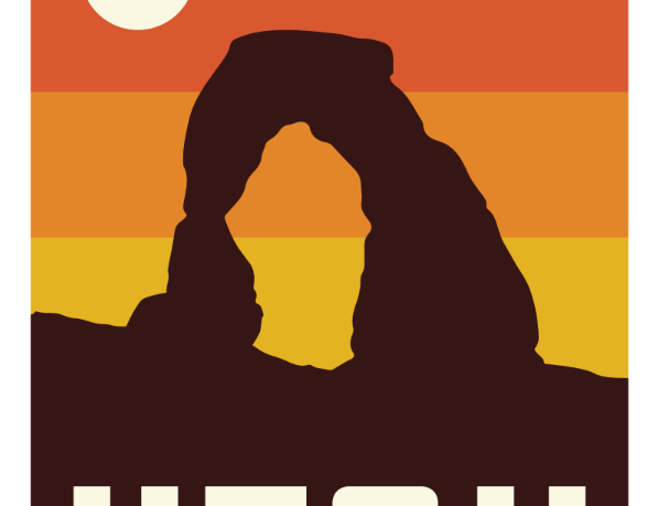 Utah magnet with Delicate Arch in silhouette against banded coral and gold sunset