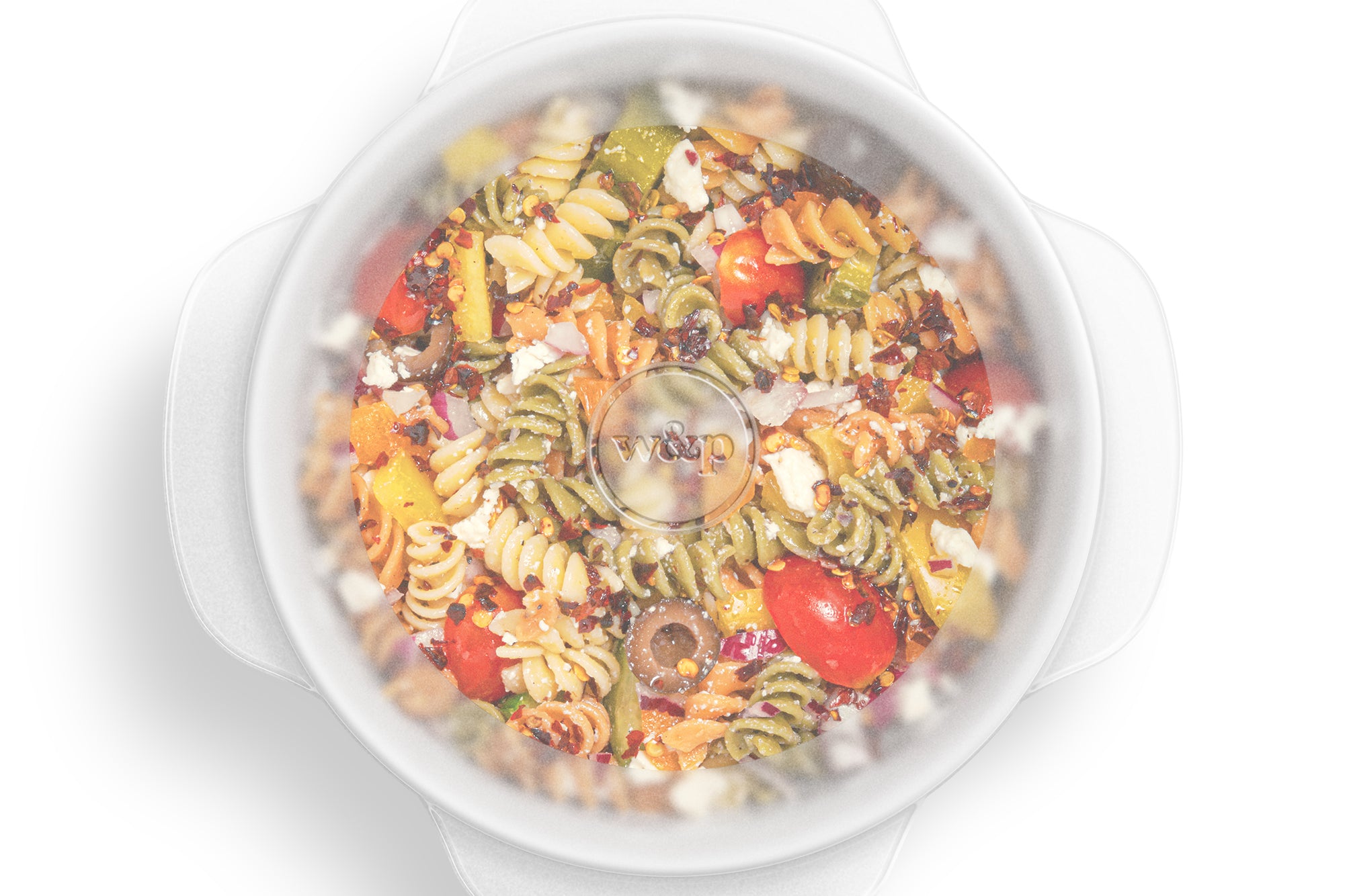 W&P Reusable Stretch Lid covering a bowl of pasta salad, from above