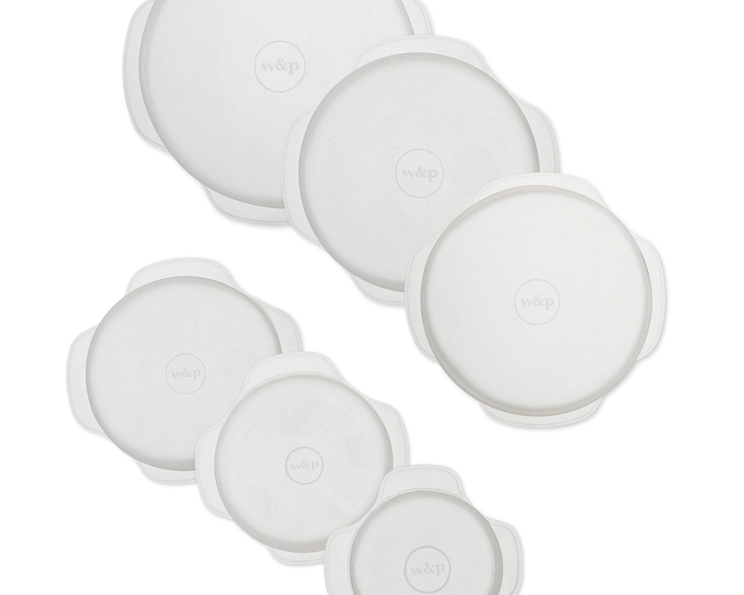 W&P Reusable Stretch Lids set of six clear silicone lids in graduated sizes, from above