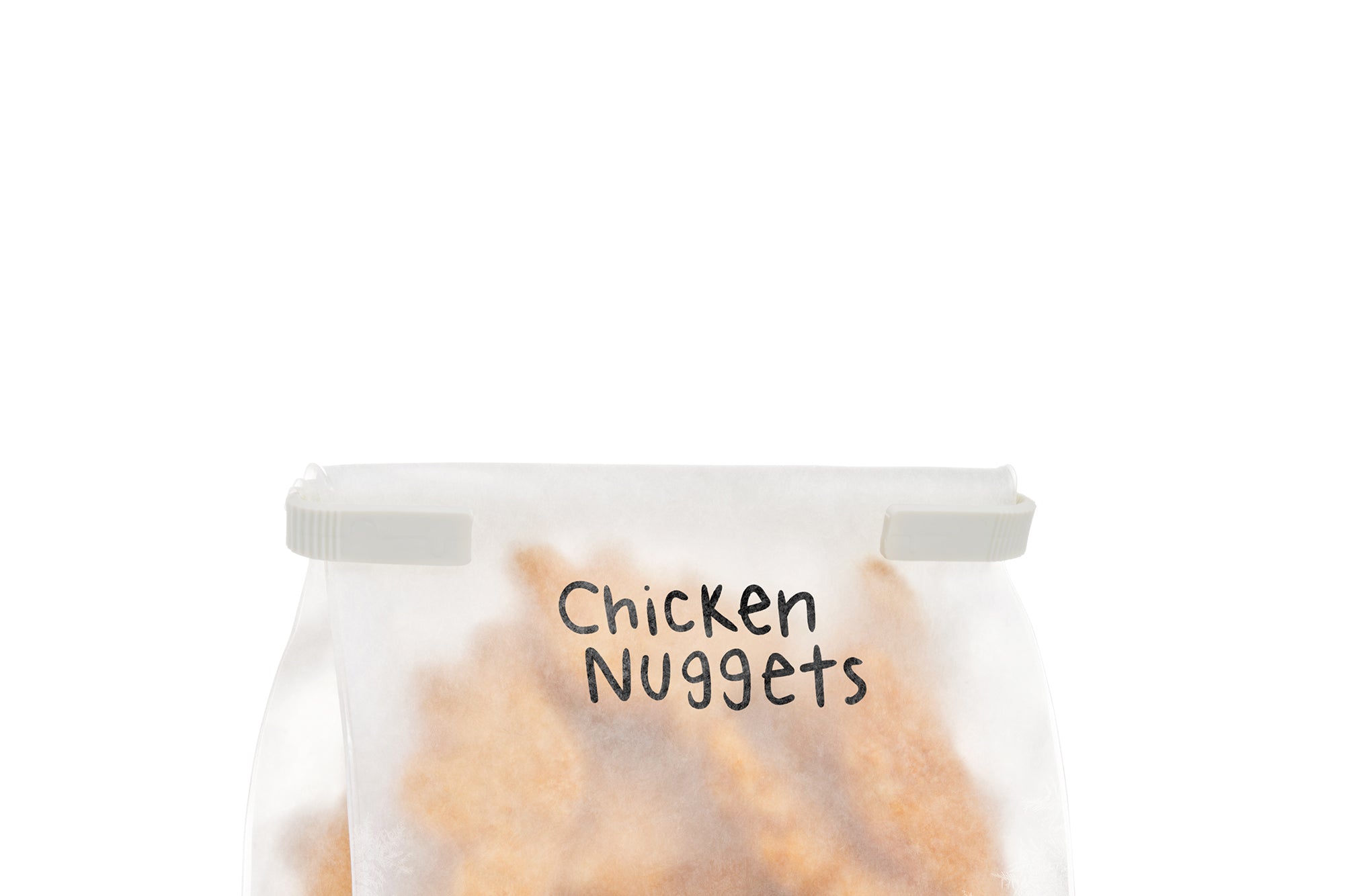 W&P Roll Tight Freezer Storage Single Bag labeled Chicken Nuggets and filled with nuggets