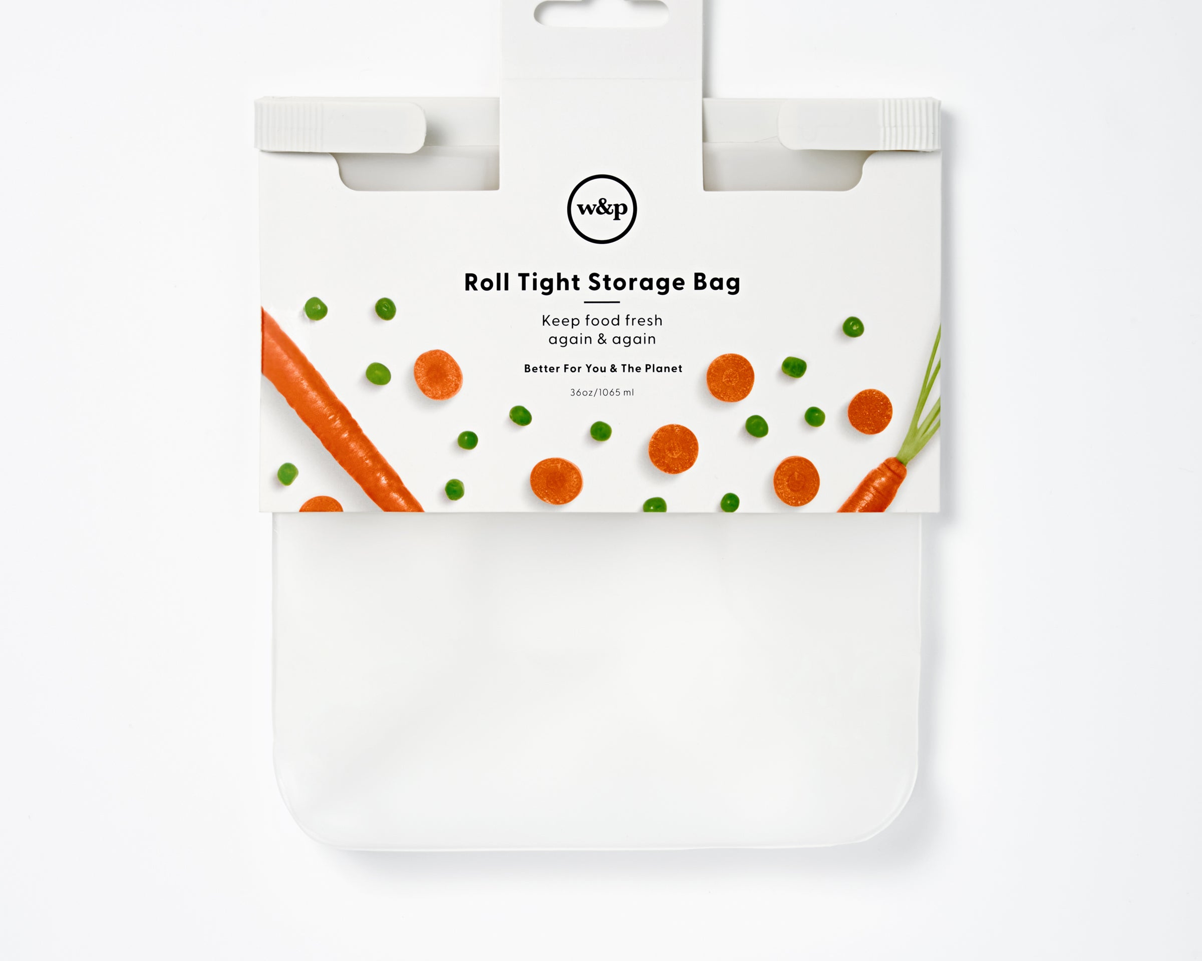 W&P Roll Tight Freezer Storage Single Bag in Medium, in retail packaging with a carrot print
