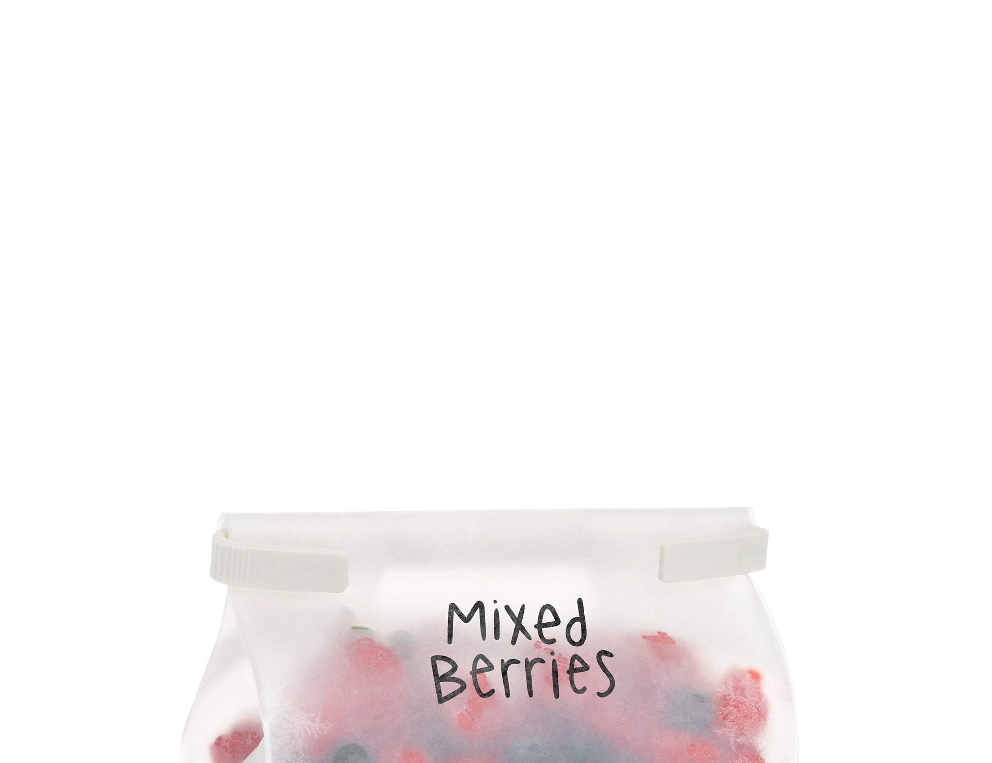 W&P Roll Tight Freezer Storage Single Bag labeled Mixed Berries and filled with berries