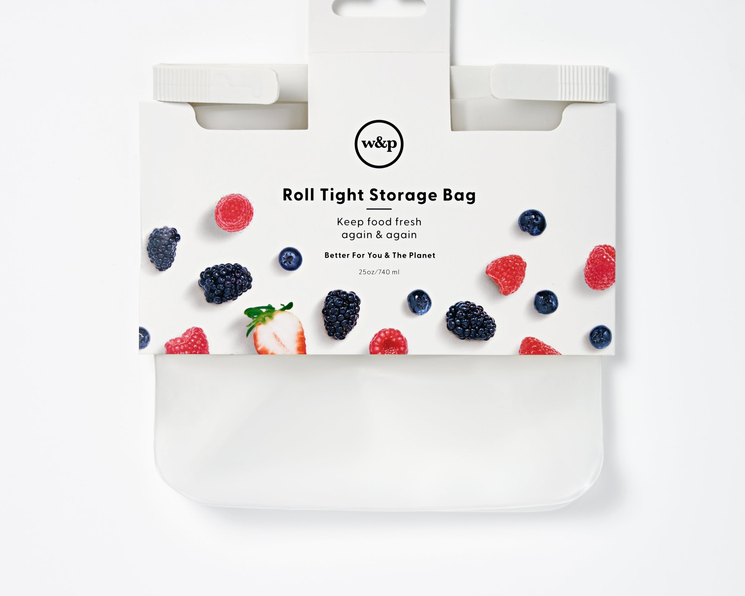 W&P Roll Tight Freezer Storage Single Bag in Small, in retail packaging with a berry print