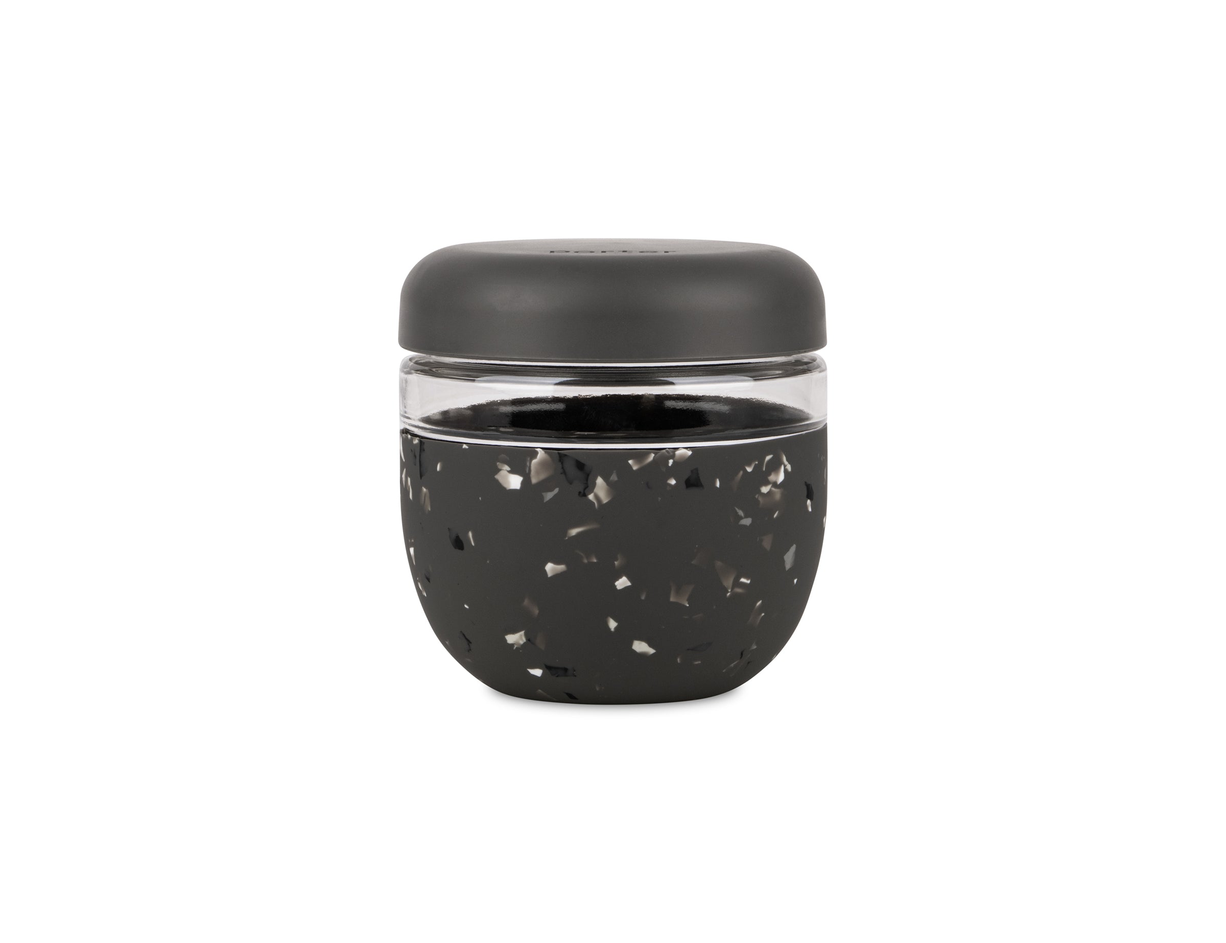 W&P Seal Tight Bowl 24 oz in Terrazzo Charcoal, a glass bowl with a black speckled silicone sleeve and lid
