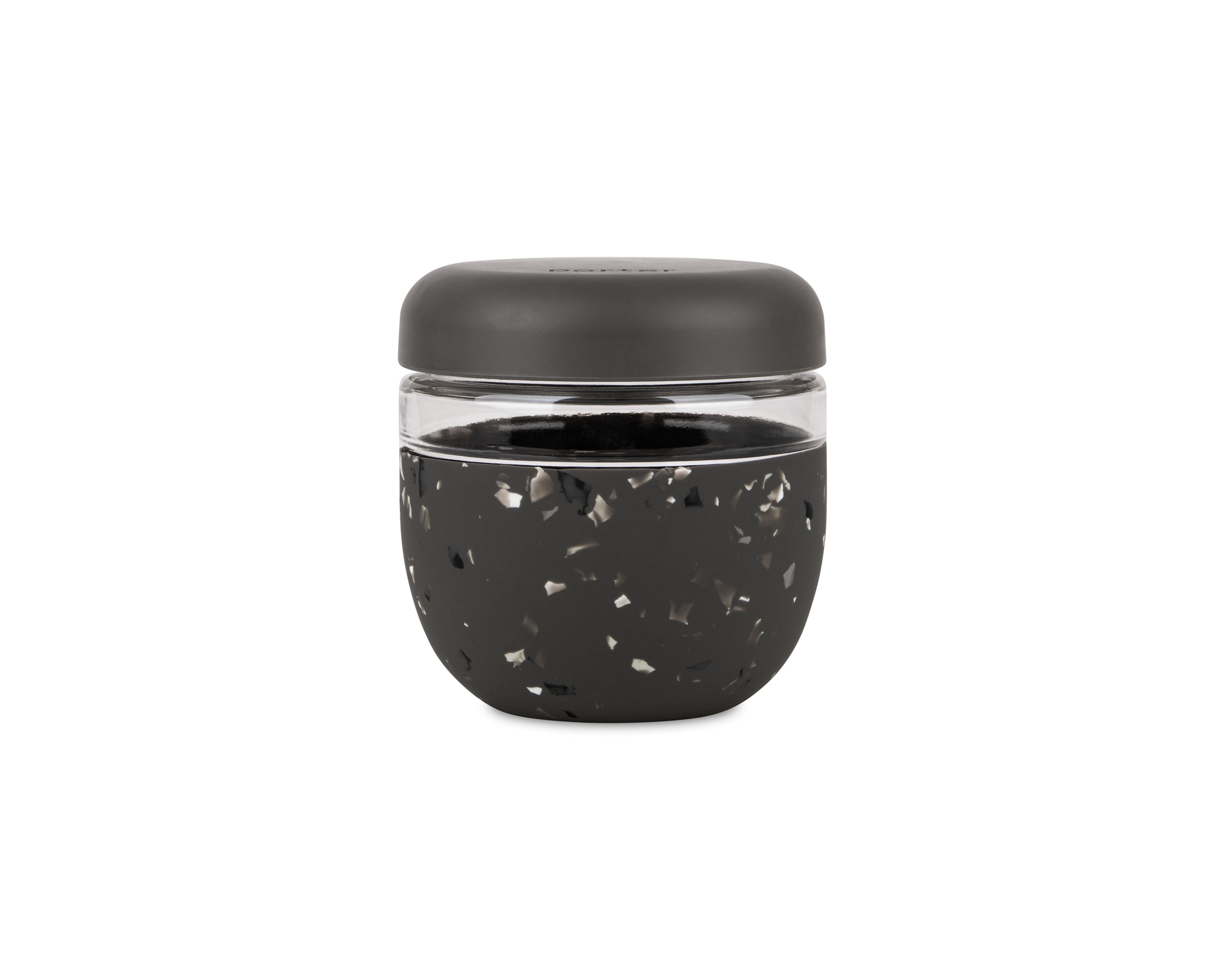 W&P Seal Tight Bowl 24 oz in Terrazzo Charcoal, a glass bowl with a black speckled silicone sleeve and lid
