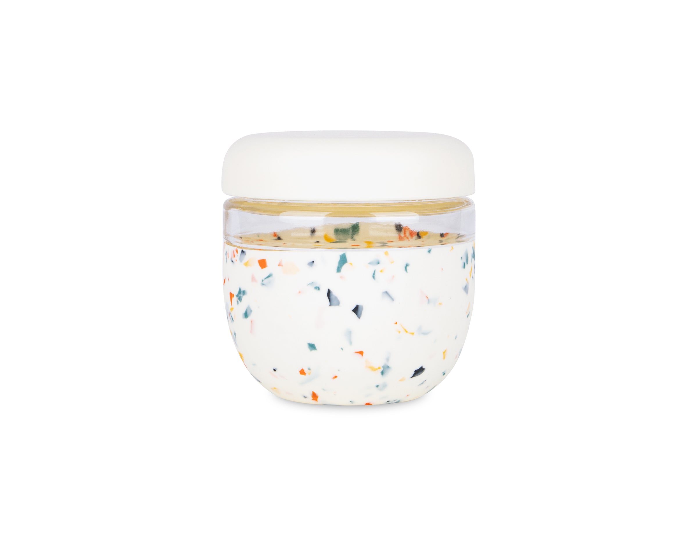 W&P Seal Tight Bowl 24 oz in Terrazzo Cream, a glass bowl with a speckled cream silicone sleeve and lid