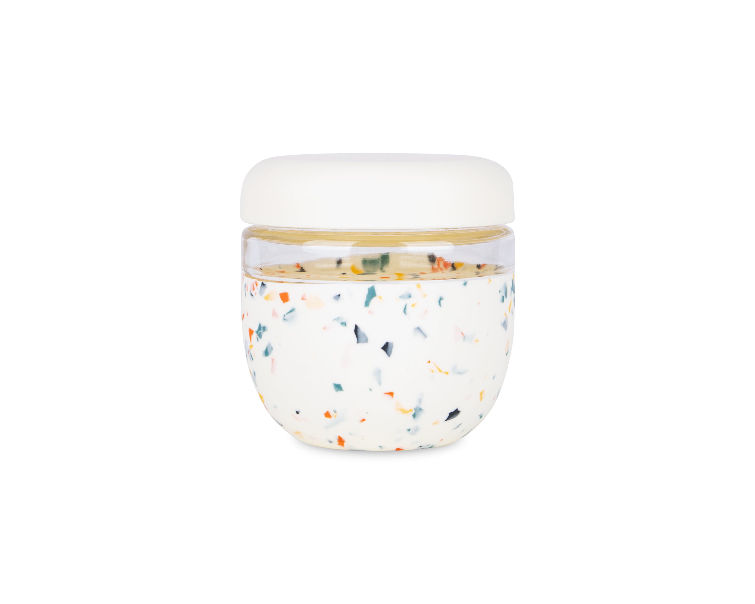 W&P Seal Tight Bowl 24 oz in Terrazzo Cream, a glass bowl with a speckled cream silicone sleeve and lid