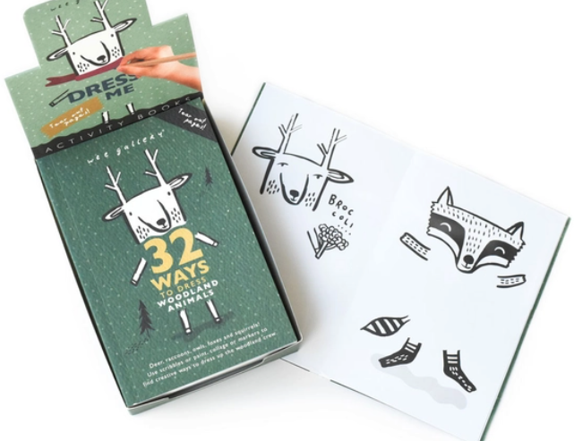 Wee Gallery 32 Ways to Dress Woodland Animals, green activity book cover with fox and woodland animal illustrations
