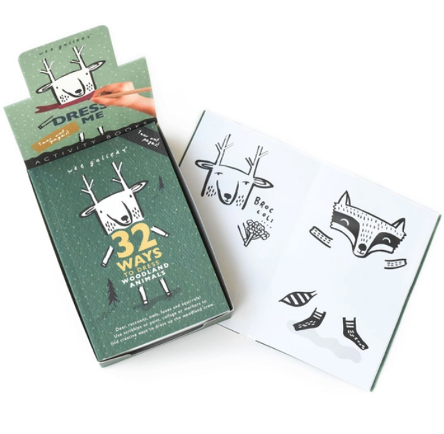 Wee Gallery 32 Ways to Dress Woodland Animals, green activity book cover with fox and woodland animal illustrations