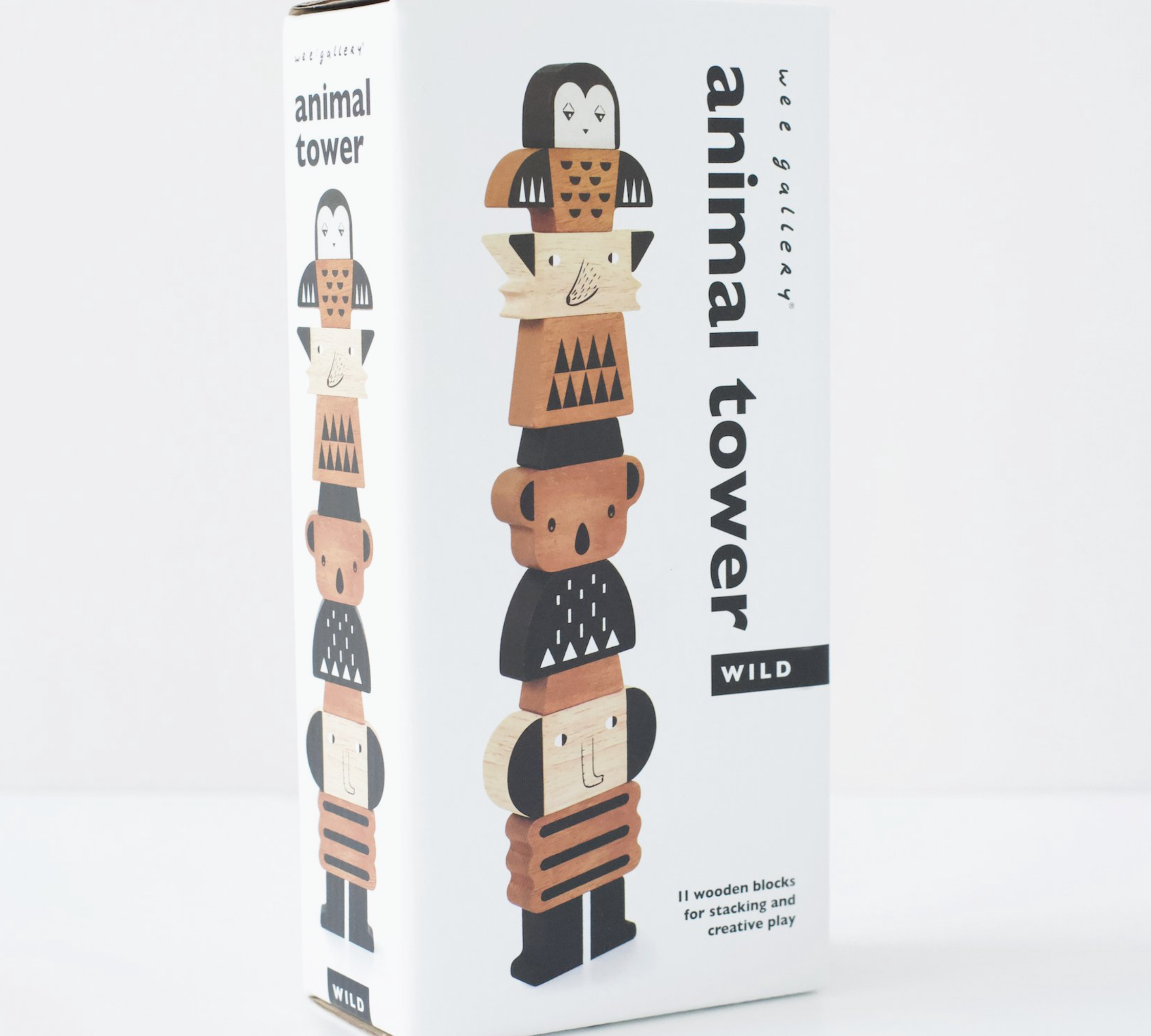 Wee Gallery Animal Tower Wild, boxed wooden stacking toy with an owl, fox, bear and lion
