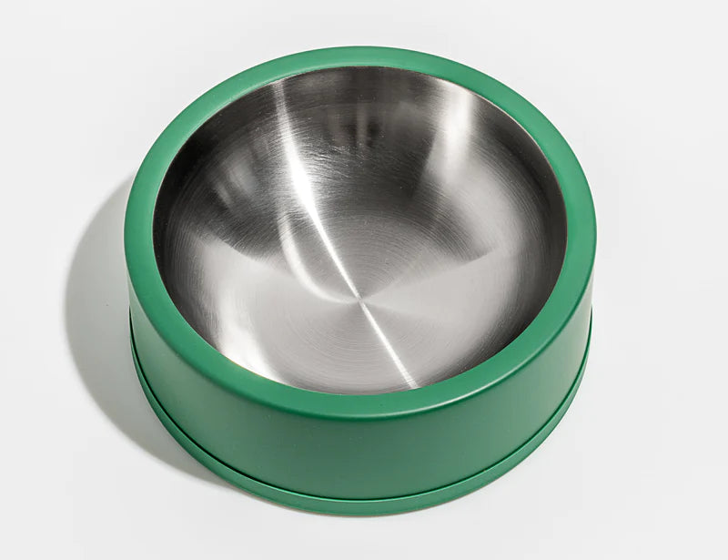 Wild One Dog Bowl, third view, spruce green dog bowl with a stainless steel insert