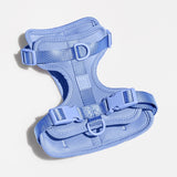 Wild One Dog Harness in Moonstone, a periwinkle blue padded adjustable harness, laid flat