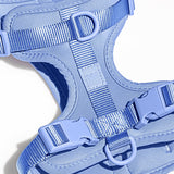 Close-up of the webbing, buckle and D-ring on the Wild One Dog Harness in Moonstone blue
