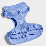 Wild One Dog Harness in Moonstone blue laid flat, angled view showing the buckles