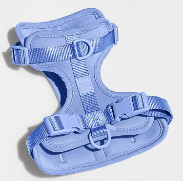 Wild One Dog Harness in Moonstone blue laid flat, angled view showing the buckles