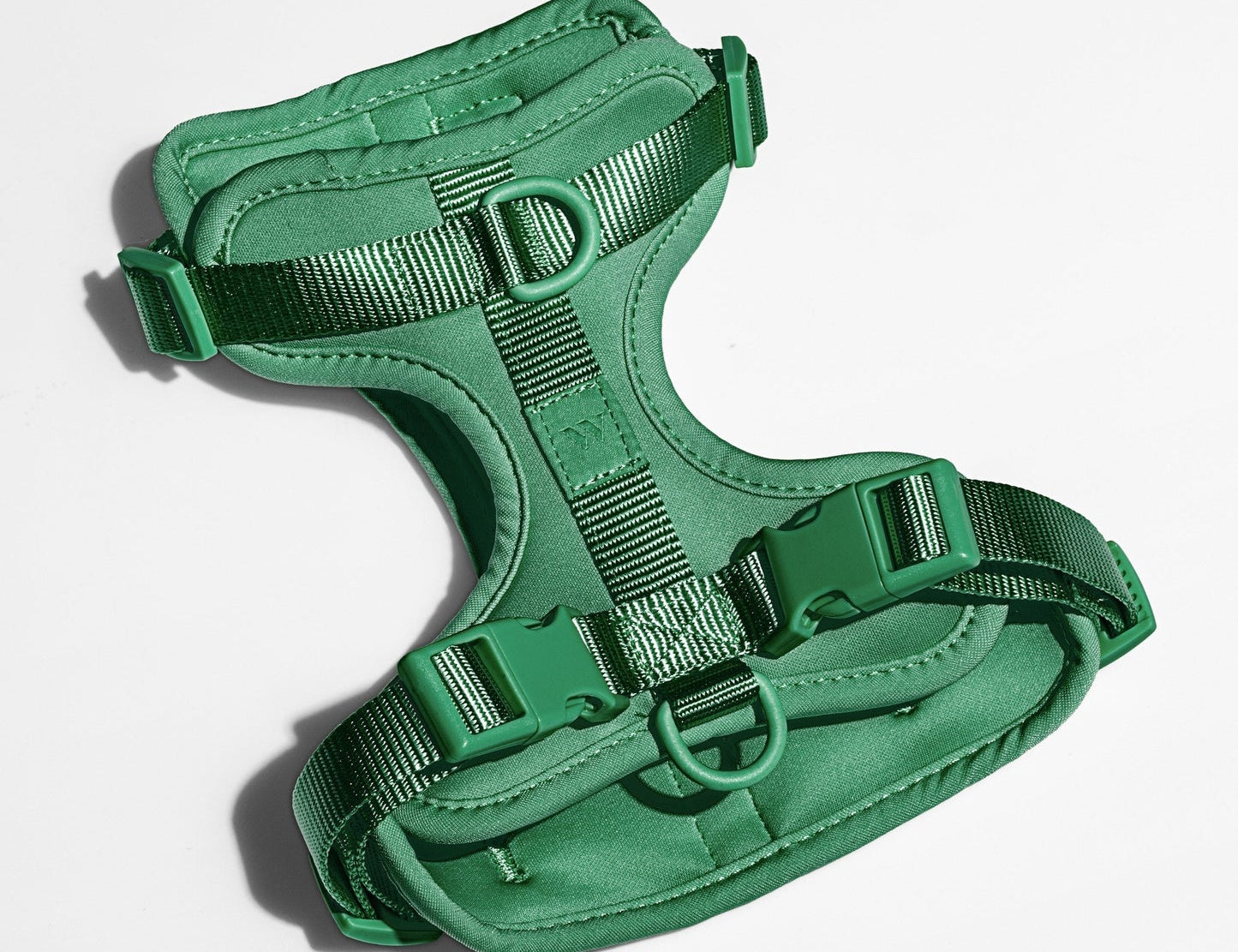 Wild One Dog Harness in Spruce green, a padded adjustable harness with matte buckles, laid flat