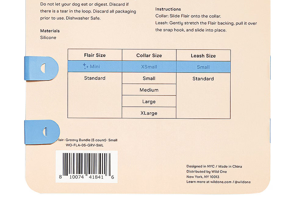 Back of the Wild One Groovy Small Flair Charms card with instructions and size chart