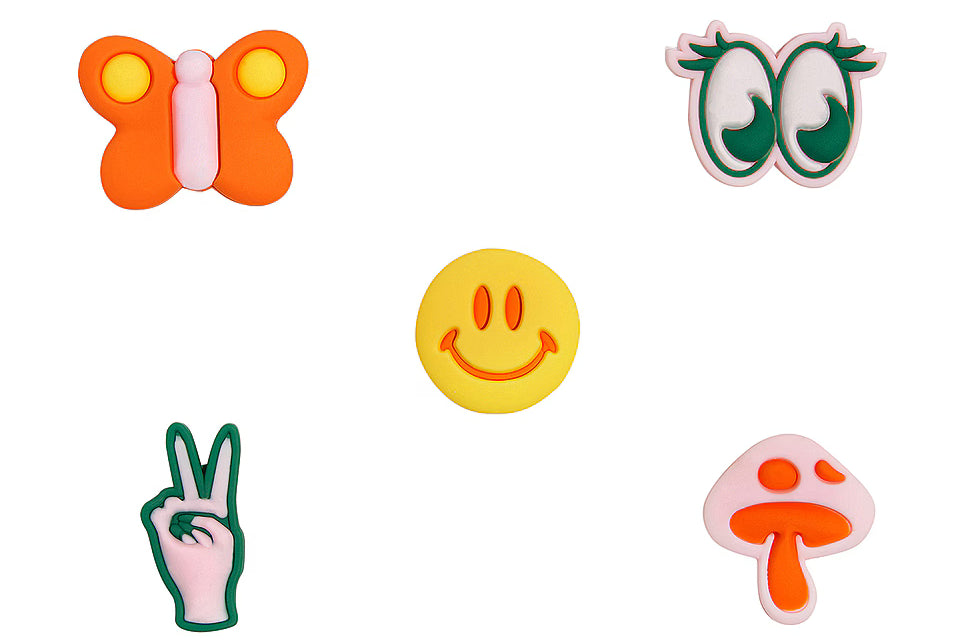Wild One Groovy Small Flair Charms: an orange butterfly, green eyes, yellow smiley, peace sign and pink mushroom