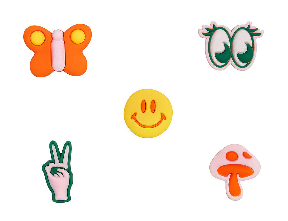 Wild One Groovy Small Flair Charms: an orange butterfly, green eyes, yellow smiley, peace sign and pink mushroom