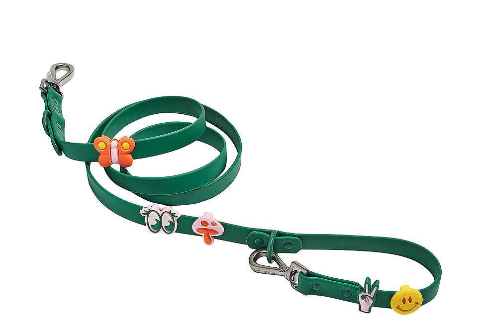 Coiled green Wild One leash decorated with Groovy Flair Charms
