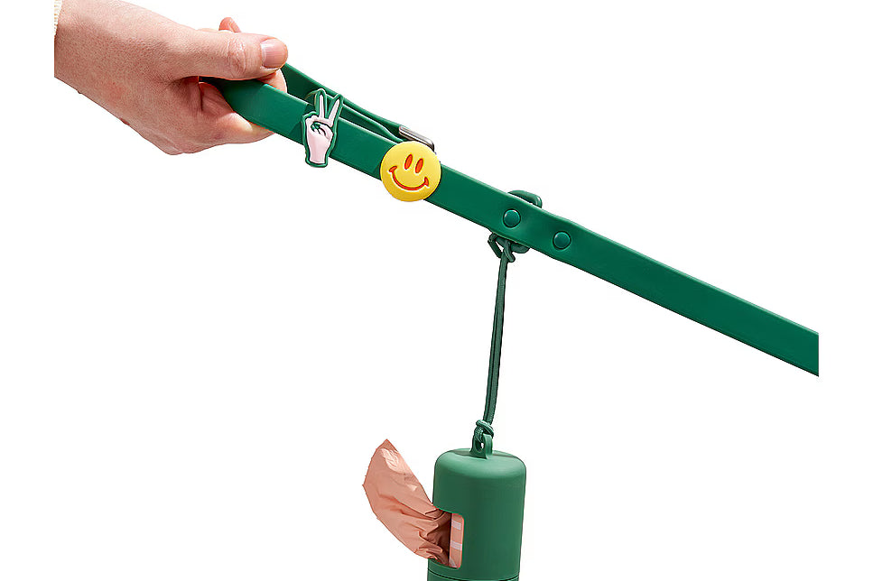 Hand holding a green Wild One leash decorated with Groovy Flair Charms and a poop bag carrier