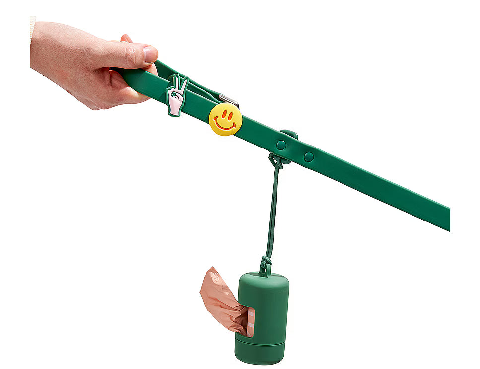 Hand holding a green Wild One leash decorated with Groovy Flair Charms and a poop bag carrier