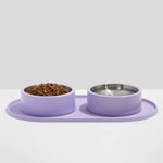 Wild One Placemat for Dogs, lilac silicone placemat with two lilac dog bowls