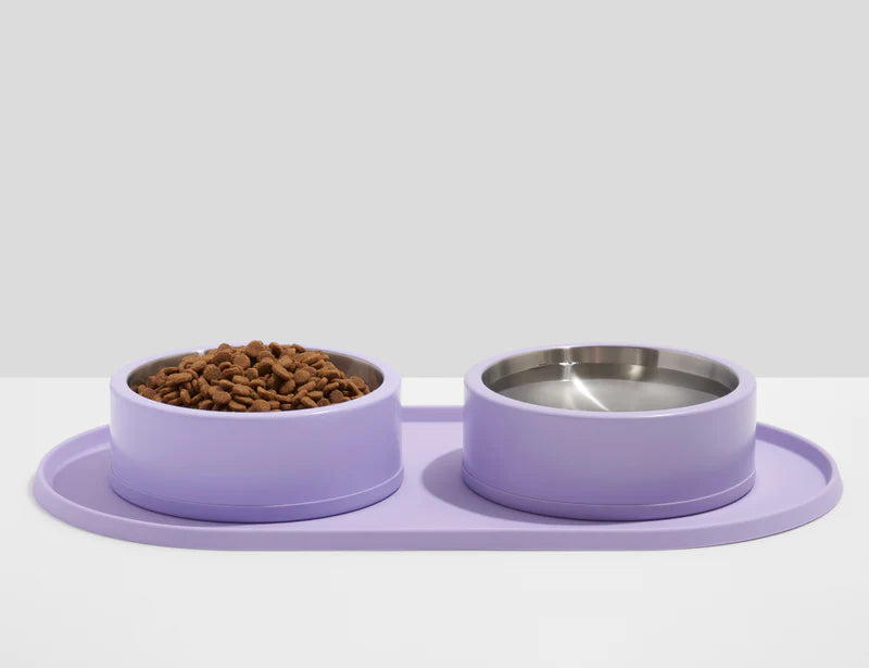 Wild One Placemat for Dogs, lilac silicone placemat with two lilac dog bowls