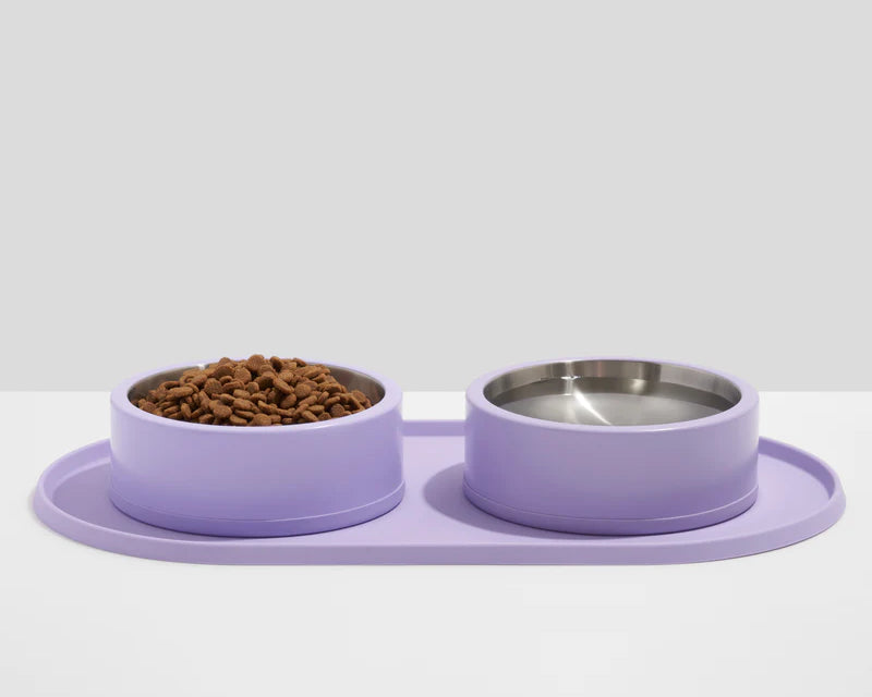 Wild One Placemat for Dogs, lilac silicone placemat with two lilac dog bowls