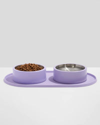 Wild One Placemat for Dogs, lilac silicone placemat with two lilac dog bowls