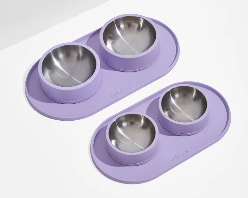 Wild One Placemat for Dogs, third view, two lilac placemats with dog bowls