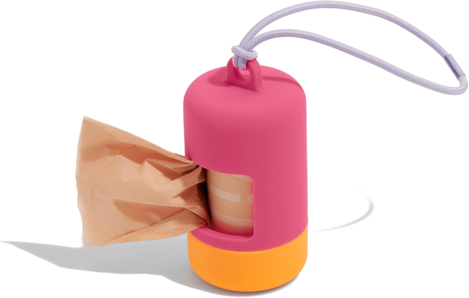 Wild One Poop Bag Carrier in Cosmopolitan hot pink with an orange base, with a peach waste bag pulling out, on a white background