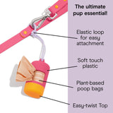 Wild One Poop Bag Carrier in pink and orange clipped to a pink leash, diagram showing the elastic loop, soft-touch plastic, plant-based bags and easy-twist top