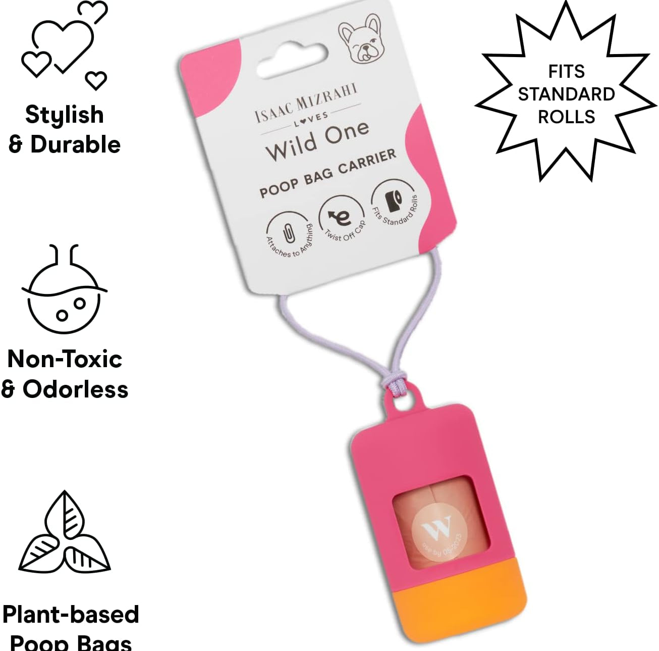 Wild One Poop Bag Carrier in pink and orange on its retail card with a lilac strap, labeled non-toxic, odorless, plant-based poop bags, fits standard rolls
