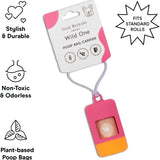 Wild One Poop Bag Carrier in pink and orange on its retail card with a lilac strap, labeled non-toxic, odorless, plant-based poop bags, fits standard rolls
