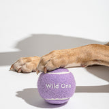 Dog's paw resting on a Wild One Tennis Ball in Lilac