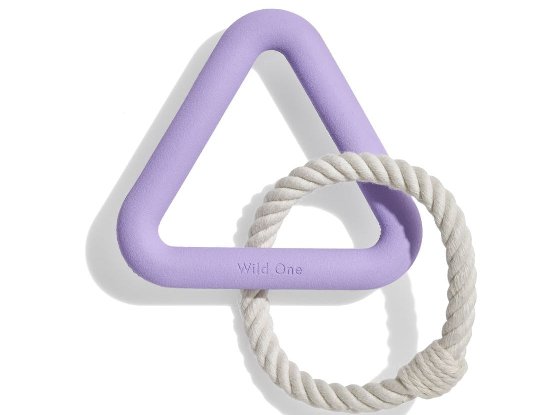 Wild One Triangle Tug Toy in Lilac, a purple rubber triangle with a cream rope loop