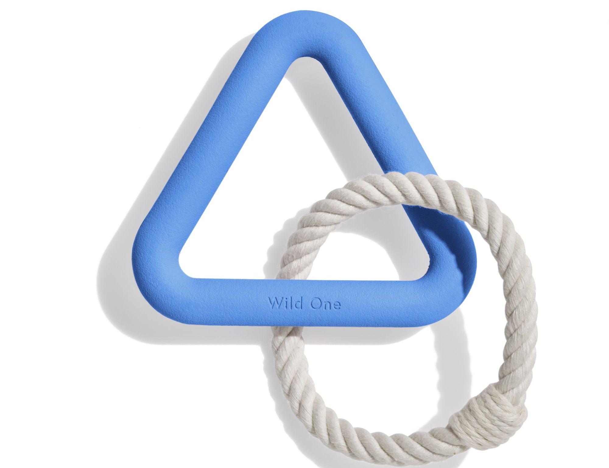 Wild One Triangle Tug Toy in Moonstone, a blue rubber triangle with a cream rope loop