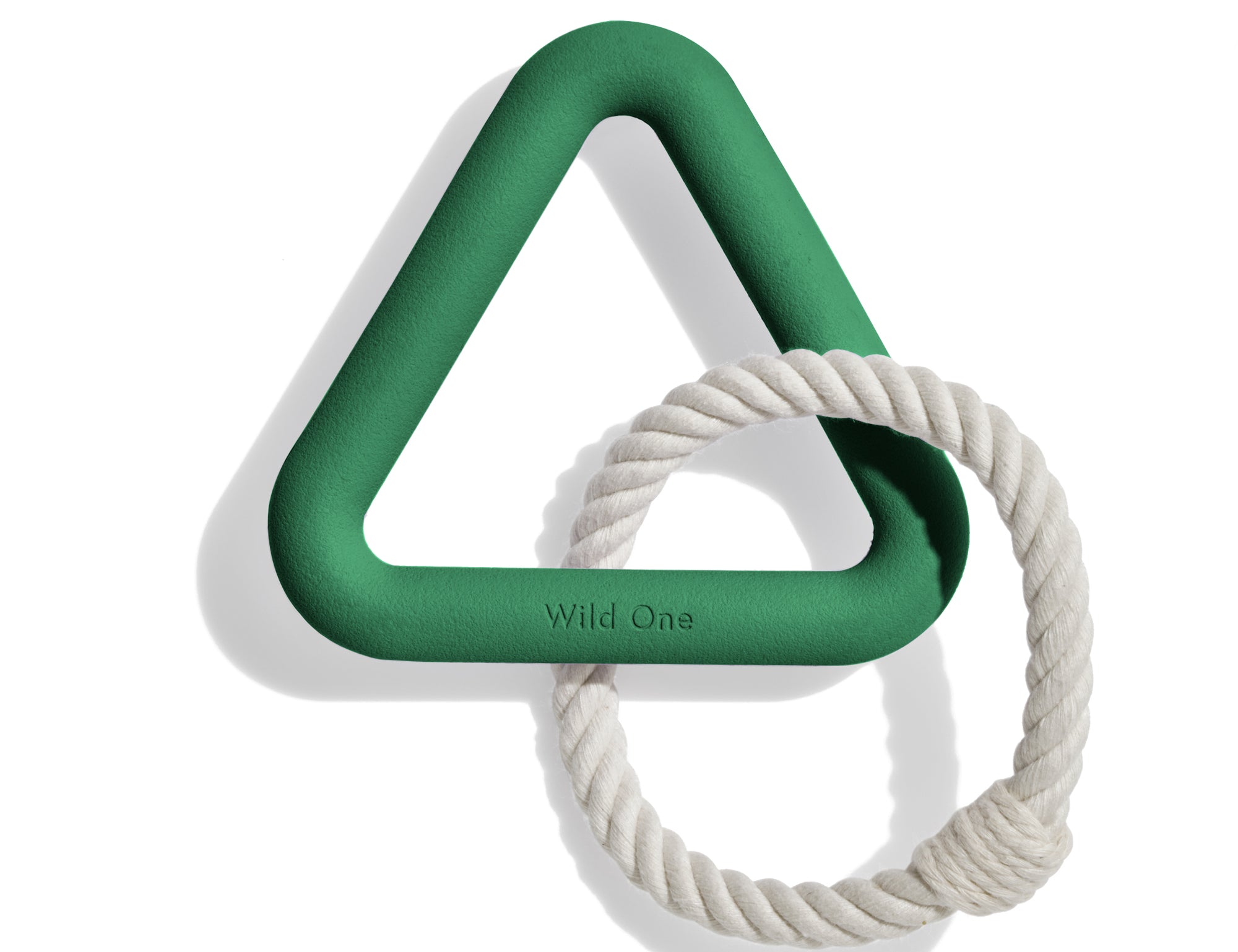 Wild One Triangle Tug Toy in Spruce, a green rubber triangle with a cream rope loop