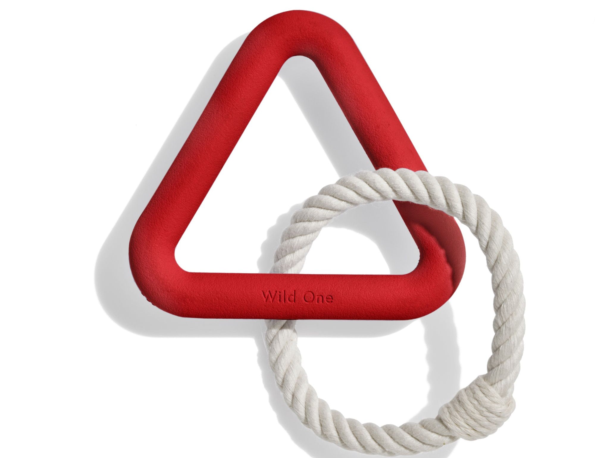 Wild One Triangle Tug Toy in Strawberry, a red rubber triangle with a cream rope loop