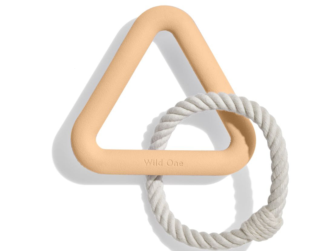 Wild One Triangle Tug Toy in Tan, a tan rubber triangle with a cream rope loop